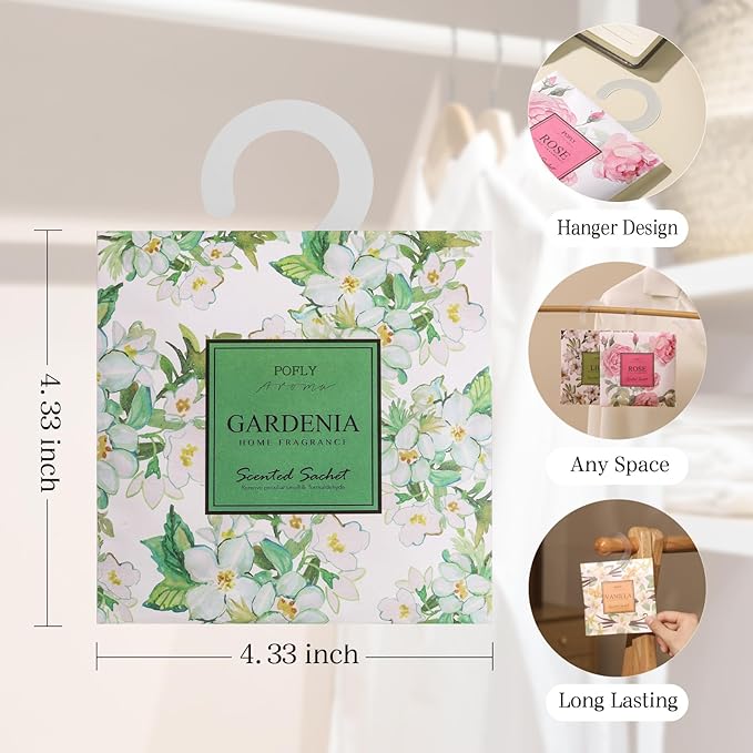 12 Pack Large Gardenia Scented Sachets – Hanging Closet & Drawer Deodorizer & Air Freshener, Long-Lasting Aroma