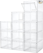 Attelite Upgrade 12pack Shoe Box Storage Containers,Thicken Sturdy Clear Stackable Plastic Shoe Organizer Box with Magnetic Door, X-Large Drop Front Shoe Box