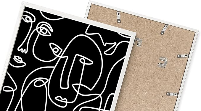 Abstract Face Pattern Wall Art Black Background White Continuous Line Drawing 8x10 Inch Oak Wood White Framed Modern Diverse Portrait for Living Room Decor