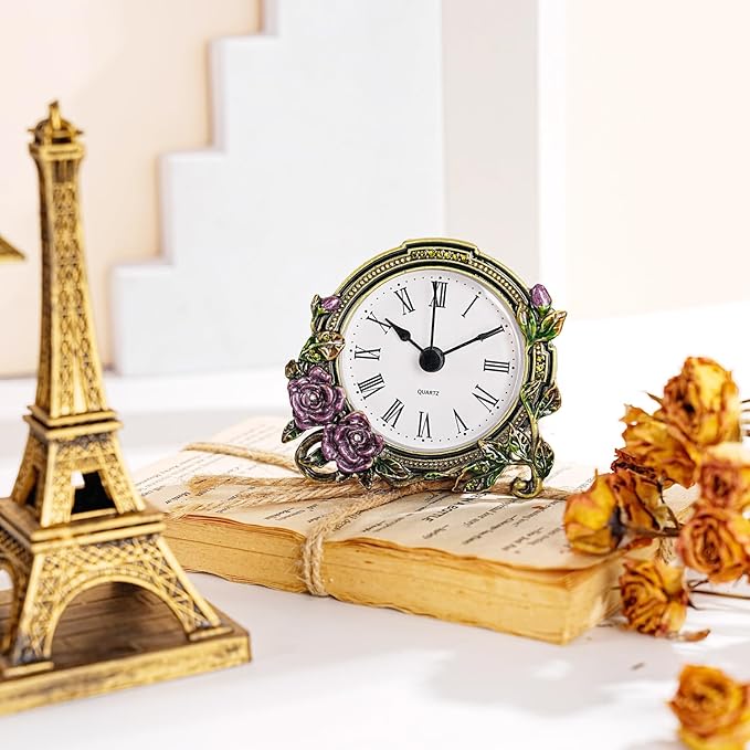 Mini Tabletop Clock, Decorative Vintage Floral Metal Table Clock with Battery Operated for Bedside, Table, Living Room, Home and Office