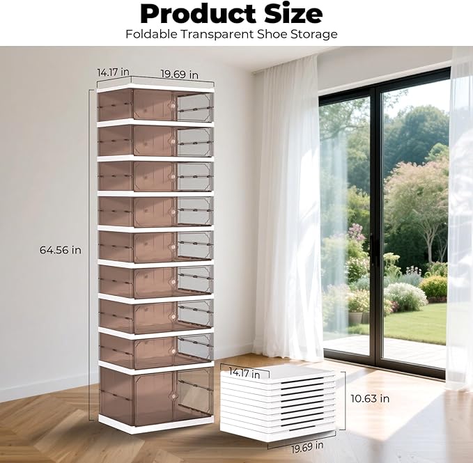 9 Tier 18 Pairs Foldable Shoe Rack with Wheels, Portable Plastic Shoe Storage Cabinet with Clear Magnetic Doors Space Saving No Assembly for Entryway, Living Room, Closet