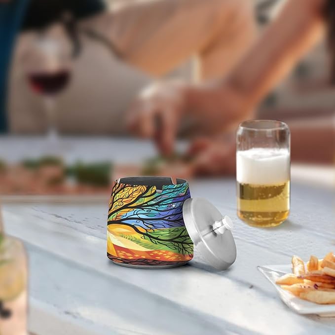 Mysterious Tree Colorful Ashtray with Lid, Outdoor Ashtrays for Patio, Stainless Steel Ashtray Odorless Smokeless for Home Office Balcony
