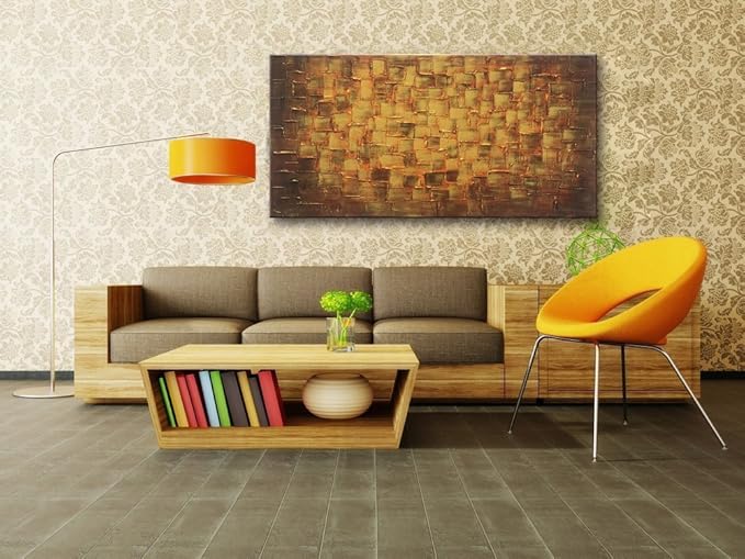 MyArton Large Abstract Golden Yellow Square Wall Art Hand Painted Textured Oil Painting on Canvas Ready to Hang 60x30inch