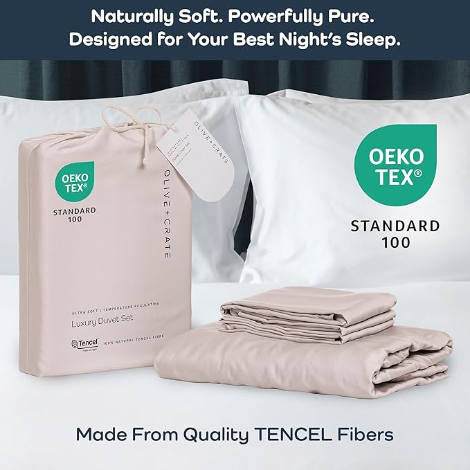 Olive + Crate Tencel Eucalyptus Cooling Duvet Cover Set - Hypoallergenic, Lyocell Tencel Duvet Cover - Soft, Temperature Regulating with Hidden Button Closure & Corner Ties - Queen Size [Barely Pink]