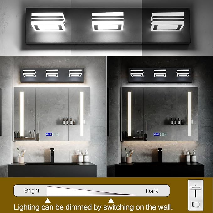 SOLFART 3 Light Bathroom Vanity Light Over Mirror Led Vanity Light Fixture Matt Black Lights for Bath Dimmable Modern Vanity Lights