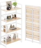 No Assembly Folding Bookshelf, 4 Tiers Collapsible Book Shelf for Home Office, Vintage Wood Foldable Bookcase Storage Organizer for Living Room Bedroom (Beige)