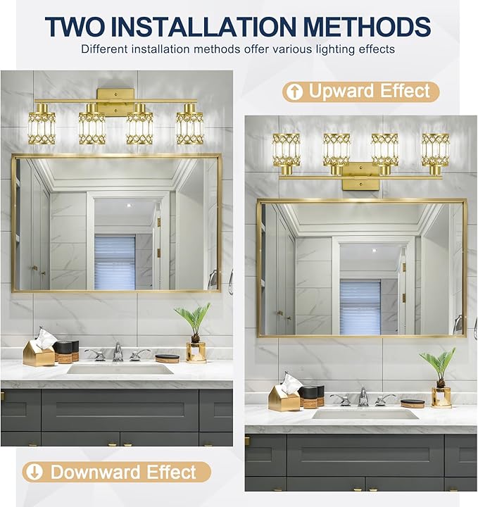 Crystal Modern Bathroom Light Fixtures, 4-Light Brushed Gold Bathroom Vanity Wall Light, Vanity Lights for Mirror, Restroom, Bedroom (E26 Socket, Bulbs Not Included)
