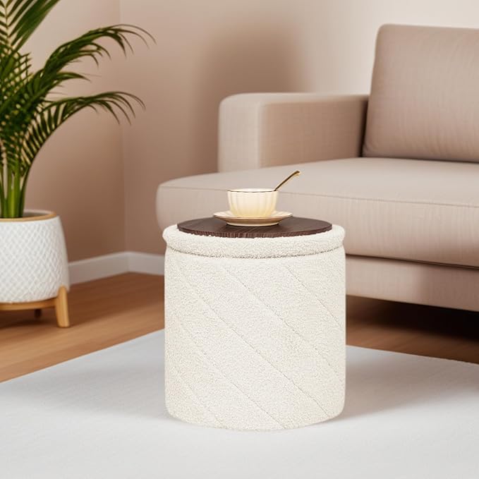13" Foldable Boucle Round Storage Ottoman,Space-Saving Footrest/Seating/Coffee Table for Small Apartments,Dorms & Bedrooms-White