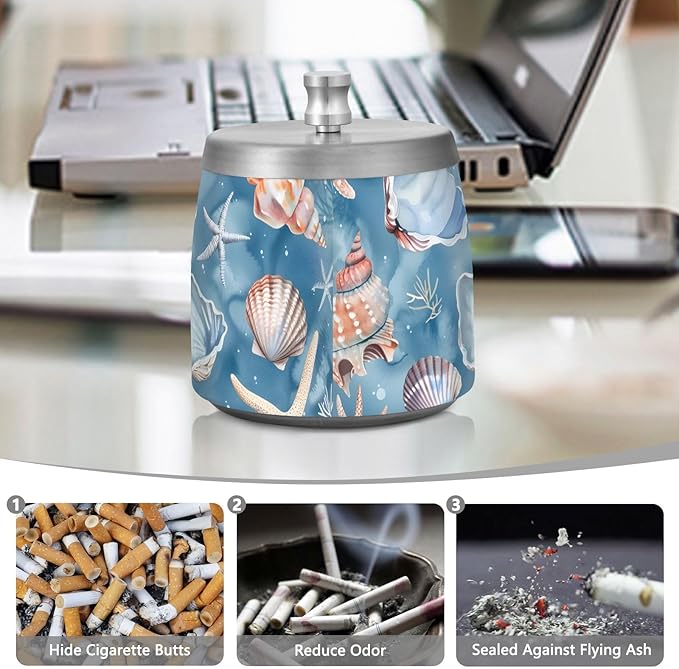 Starfish Coral Blue Ashtray with Lid, Outdoor Ashtrays for Patio, Stainless Steel Ashtray Odorless Smokeless for Home Office Balcony
