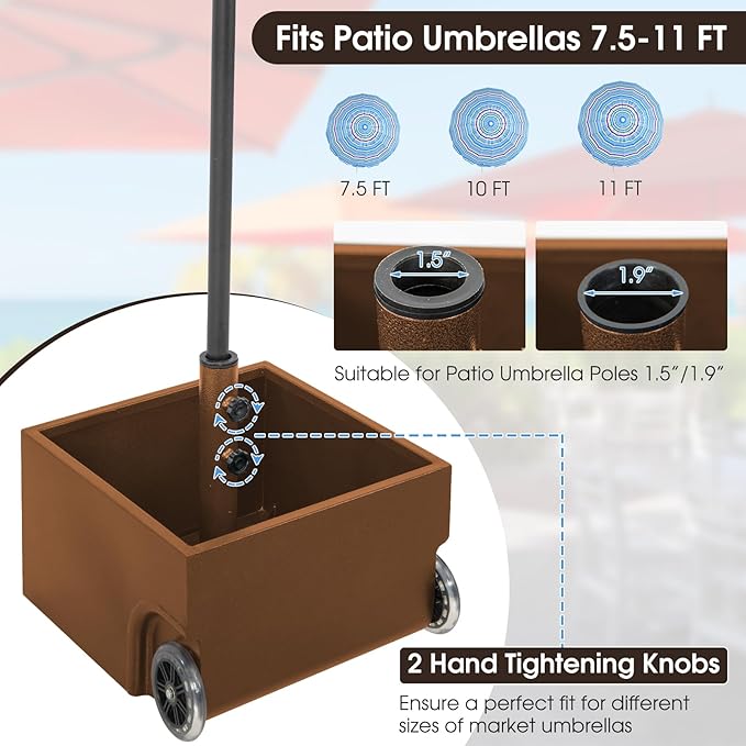 Giantex 170lbs Filled Umbrella Base with Wheels, Heavy Duty Umbrella Stand with Fillable Planter, Drainage Holes, Outdoor Market Umbrella Holder for Patio Garden Deck Pool (Brown)