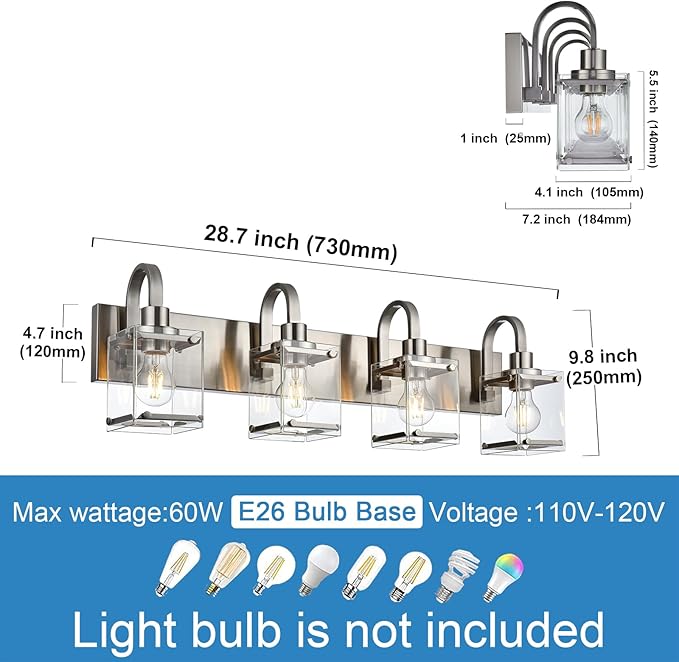 Brushed Nickel Bathroom Light Fixtures, 4 -Light Vanity Lighting Fixture Over Mirror with Clear Glass Shade Wall Sconce Lighting for Mirror Kitchen Living Room Bedroom Hallway