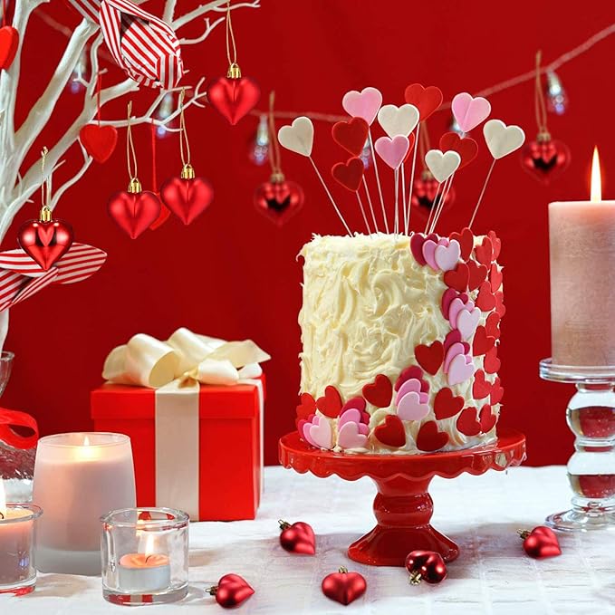 24 Pieces Valentine's Day Heart Shaped Ornaments, Glossy and Matt Heart Baubles Hanging Decorations for Valentine's Day Wedding Anniversary Home Party Decor