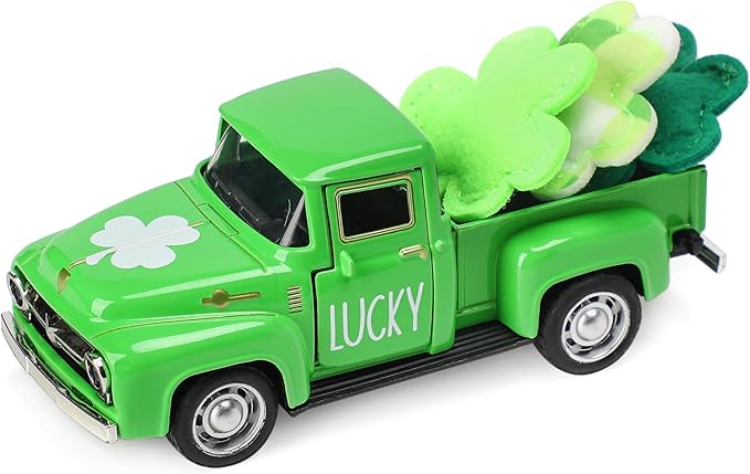 St. Patrick's Day Decorations for Home - Decor for Tiered Tray Metal Farm Truck with 3 Shamrocks Saint Patricks Day Vintage Diecast Pickup Truck Model for Shelf Table Centerpiece Décor 4.8inch