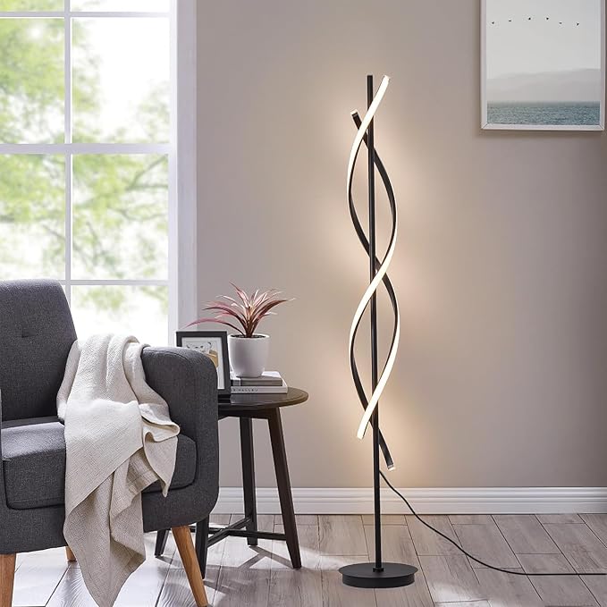 Modern Floor Lamp, 40W 3 Colors Stepless Dimmable and Color-Changing Bright Floor Standing Tall Lamp for Living Room,60" Unique Spiral Floor Lamp for Bedroom Office with Remote Black