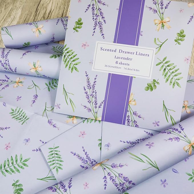 SCENTORINI Shelf Liners for Kitchen Cabinets Non-Adhesive, Lavender Scented Drawer Liners, 14.3 x 19.6 Inch 6 Sheets, for Dresser Bedroom Shelf Closet