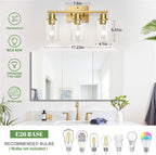 3-Light Bathroom Light Fixtures, Vanity Light with Clear Glass Shades, Brushed Gold Bathroom Light Fixtures Over Mirror, Modern Bathroom Wall Lamp for Mirror Living Room Cabinet Bedroom