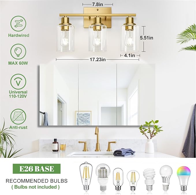 3-Light Bathroom Light Fixtures, Vanity Light with Clear Glass Shades, Brushed Gold Bathroom Light Fixtures Over Mirror, Modern Bathroom Wall Lamp for Mirror Living Room Cabinet Bedroom