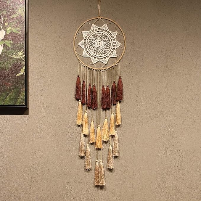 Artilady Macrame Dream Catchers for Bedroom - Tassel Wall Hanging Handmade Dreamcatchers Home Decor with Tassel Feather Ornament Craft Blessing Gift (Mix Brown)