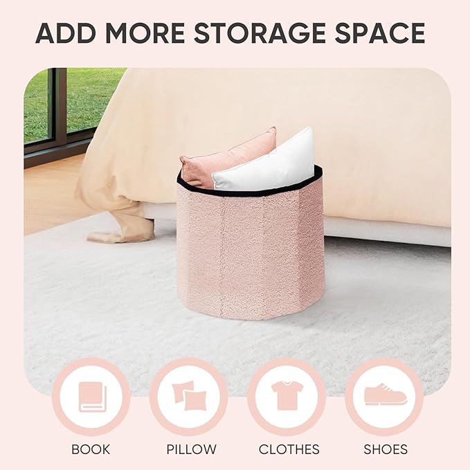 PINPLUS Round Storage Ottoman Cube Footrest - Versatile Boucle & Faux Teddy Fur Stool with Hidden Compartment for Living Room, Dorm, Bedroom - Pink, 15"x15"x13.2"