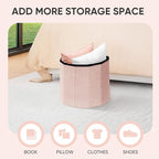PINPLUS Round Storage Ottoman Cube Footrest - Versatile Boucle & Faux Teddy Fur Stool with Hidden Compartment for Living Room, Dorm, Bedroom - Pink, 15"x15"x13.2"