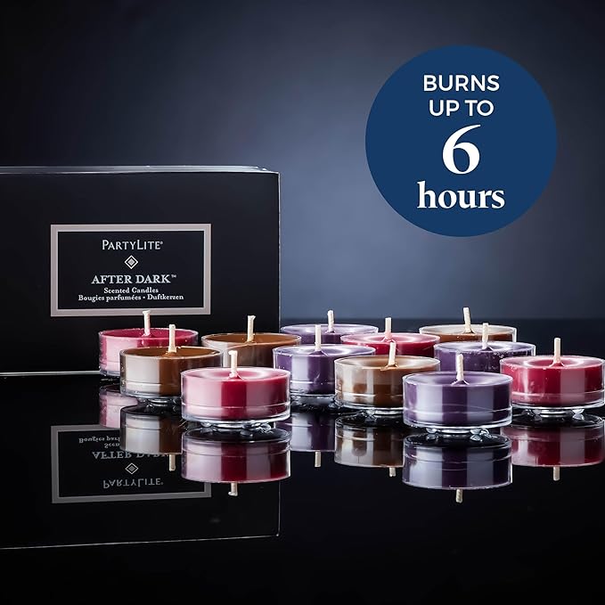 PartyLite After Dark™ Tea Lights Sampler, Velvet Plum & Amber Suede with Cashmere Cassis Scented Candles, Gift Set of 12, Aromatherapy with up to 4 to 6 Hours Burn Time, Ideal for Home Decor