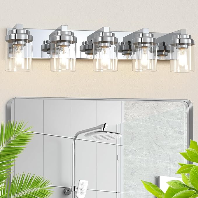 Bathroom Light Fixtures, 5-Light Bathroom Vanity Lights Over Mirror, Polished Chrome Vanity Lights with Glass Shade, 31" Modern Wall Sconce for Cabinet Porch Bedroom, Hallway E26