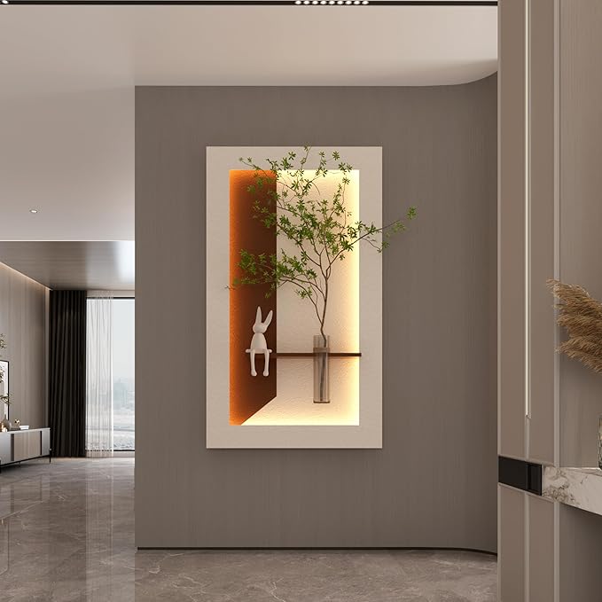LED Sandstone Wall Decor, 3D Wall Art Sculpture, Simulated Green Plants, Glass Vase & Rabbit Statue, 3 Color Remote Control Light, for Living Room, Bedroom, Hallway(Light Coffee,41.4 * 23.6in)