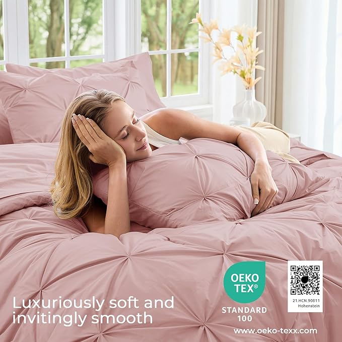 Sasttie California King Comforter Set, 7-Piece Bed in a Bag, Pintuck Bedding Sets for All Season, Includes Comforter, Flat Sheet, Fitted Sheet, Pillowcases and Pillowshams, Rose Gold