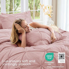 Sasttie Full Size Comforter Set, 7-Piece Bed in a Bag, Pintuck Bedding Set for All Season, Includes Comforter, Flat Sheet, Fitted Sheet, Pillowcases and Pillowshams, Rose Gold
