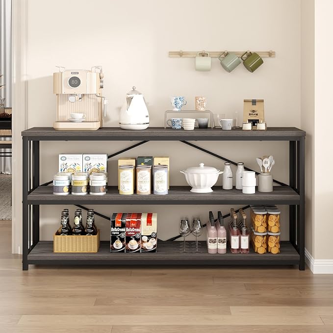 IBF Wood and Metal Book Shelf, Industrial Rustic Low 3 Tier Bookshelf, Farmhouse Long Wide Vintage Horizontal Bookcase, Modern Large Open Etagere for Home Office Living Room Bedroom, Gray Oak, 63 Inch