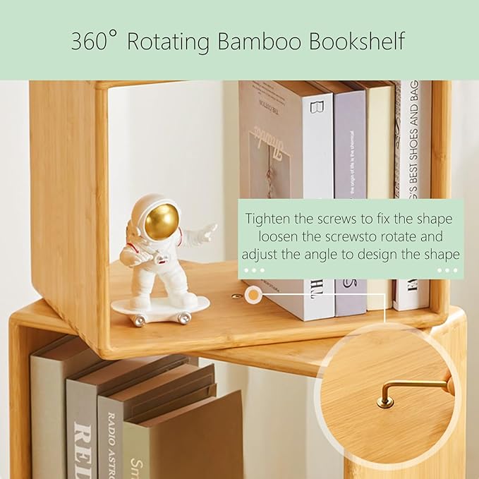 2-Tier Modern Rotating Bamboo Bookcase, DIY Free-Standing Bookshelf Large Capacity Creative Open Book Cabinet, 2 in 1 Nightstand Storage Organizer Lattice Shelf for Home, Office, Living Room, 2-Cube