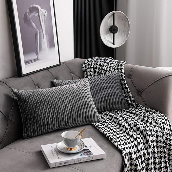 Grey Striped Decorative Pillow Cases: 2 Pack 12x20 Inch Original Velvet Rectangular Throw Pillow Covers for Farmhouse Couch