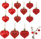 Valentines Day Heart Ornaments, 24Pcs Hanging Heart Ornaments, Glitter Red Heart-Shaped Baubles for Outdoor Wedding Anniversary Mother's Day Romantic Galentines Valentines Day Party Decoration