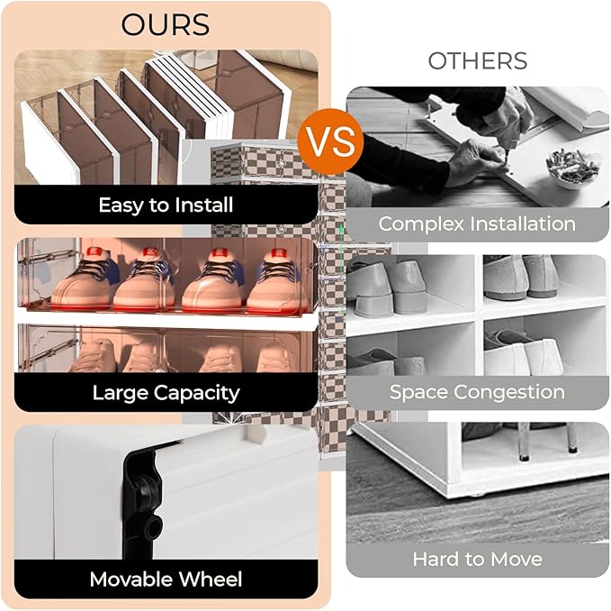 9 Tier 18 Pairs Foldable Shoe Rack with Wheels, Portable Plastic Shoe Storage Cabinet with Clear Magnetic Doors Space Saving No Assembly for Entryway, Living Room, Closet