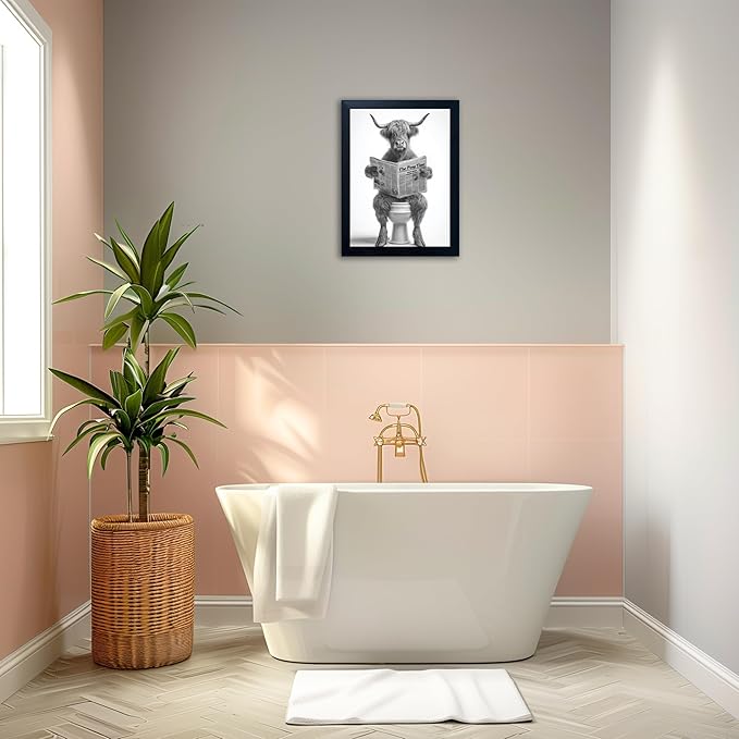 Funny Highland Cow Bathroom Wall Art - Framed Black and White Bathroom Wall Decor, Humorous Cow Picture Wall Decor with Cute Animal Canvas, Modern Farmhouse Style Restroom Sign Art for Toilet & Washroom 16"x20"