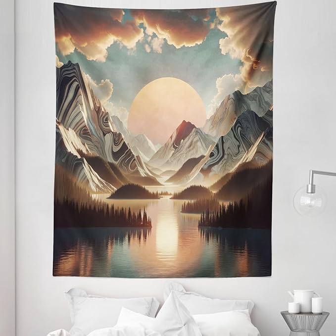 Ambesonne Mountain Tapestry Twin Size, Sunrise Scenario of Meadows Featuring Groovy Mounts with Lake Clouds, Wall Hanging Bedspread Bed Cover Wall Decor, 68" X 88", Peach Fawn Pale Seafoam