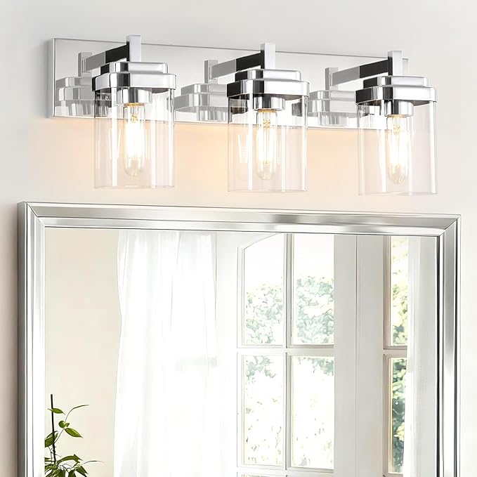 Vanity Light Fixture,3-Light Vanity Light for Bathroom,Chrome Bathroom Vanity Lighting Over Mirror with Square Clear Glass Shade for Restroom