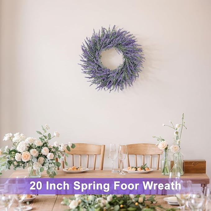 20 Inch Summer Spring Wreaths for Front Door Romance Lavender Wreath, Elegant Artificial Front Door Wreath for All Season Spring Decorations for Home Wall Entryway Farmhouse Porch Room Decor