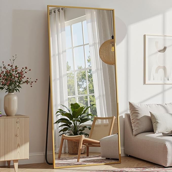 Full Length Mirror, 72"x32" Full Body Mirror, Oversized Floor Mirrors, Leaning Free Standing Mirrors, Hanging Mounted Large Mirrors for Bedroom Dressing Room, Cloakroom, Gold