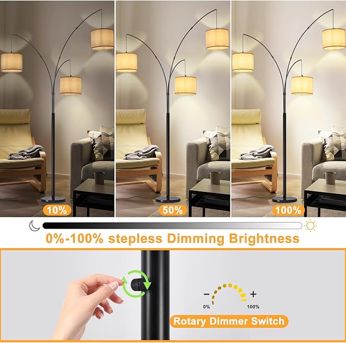 DLLT Modern Floor Lamp for Room: 3-Light Black Tree Dimmable Floor Lamps with Beige Shades for Living Room - Arc Standing Lamp for Bedroom - Tall Floor Lamp for Office Corner 3 LED Bulbs Included