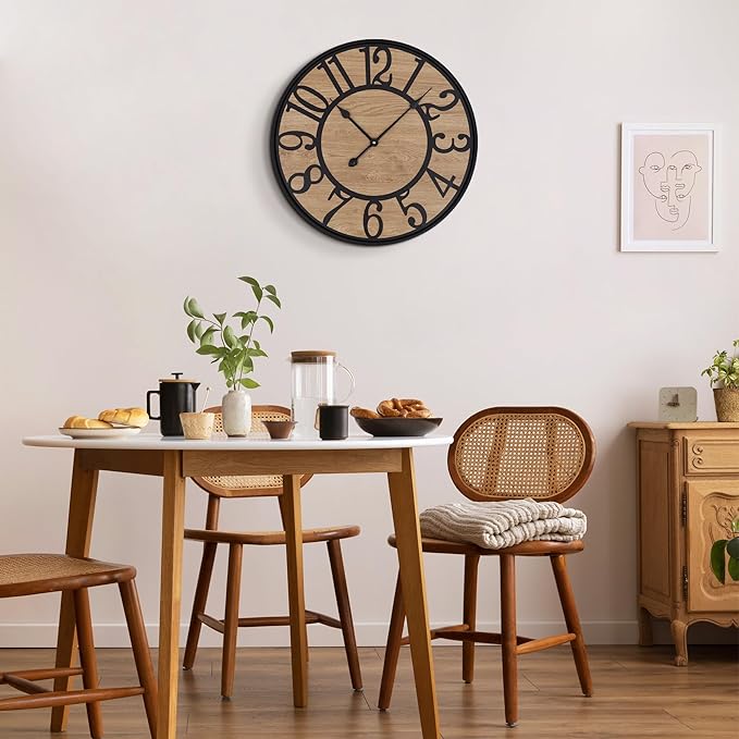 Maxstar Wall Clock for Living Room,Metal & Wood Silent Rustic Farmhouse with Arabic Numeral, Battery Operated Wall Clocks Decorative for Bedroom Office Home Decor 13inch Black