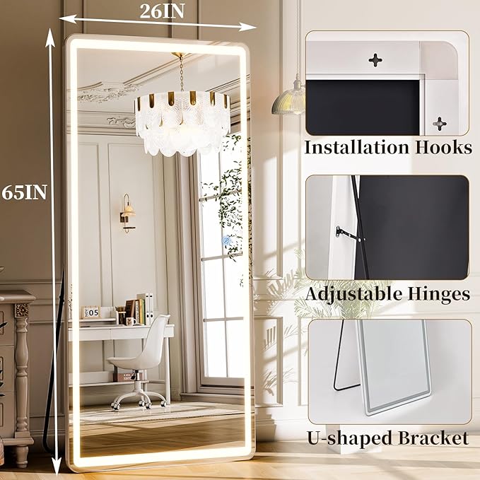 GLSLAND 65"x26" LED Mirror Full Length, Aluminum Alloy Floor Mirrors with Lights, 3 Color Lighting & Dimming for Bedroom Decorative Wall Mounted, White