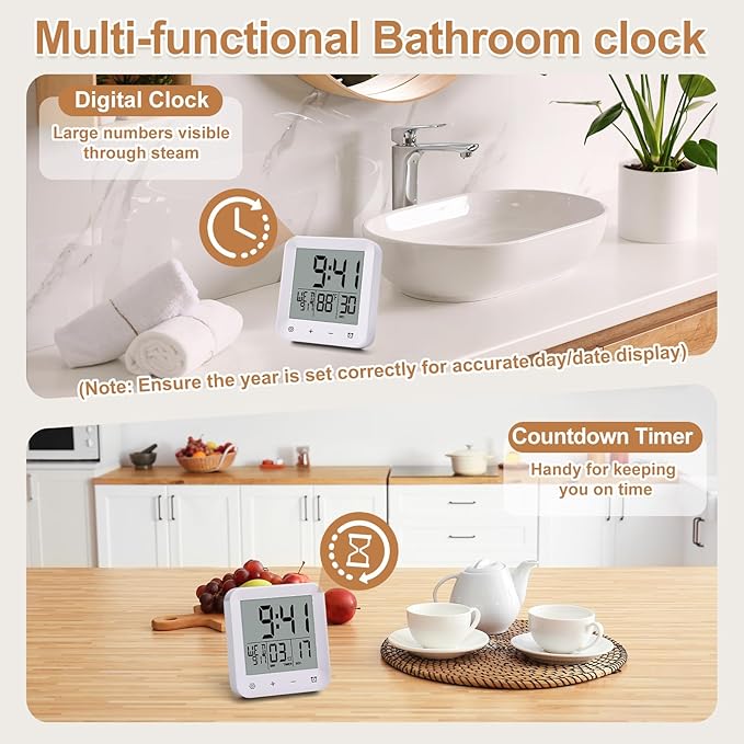 Waterproof Shower Clock with Timer, Bathroom Wall Clock Displaying Temperature, Date & Day, Battery Operated LCD Digital Clock for Bath, Kitchen (White)