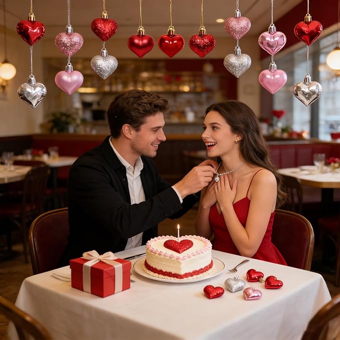 36 Pcs Valentines Day Heart Ornaments Red Pink Silver Heart Shaped Tree Hanging Baubles Valentine's Decorations for Valentine Wedding Anniversary