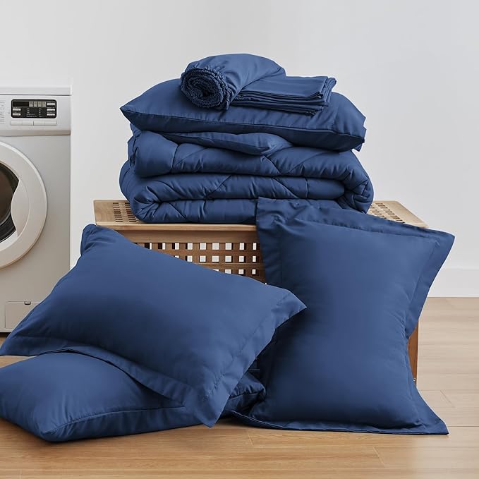 Love's cabin California King Comforter Set Dark Blue, 7 Pieces California King Bed in a Bag, All Season Bedding Sets with 1 Comforter, 1 Flat Sheet, 1 Fitted Sheet, 2 Pillowcase and 2 Pillow Sham