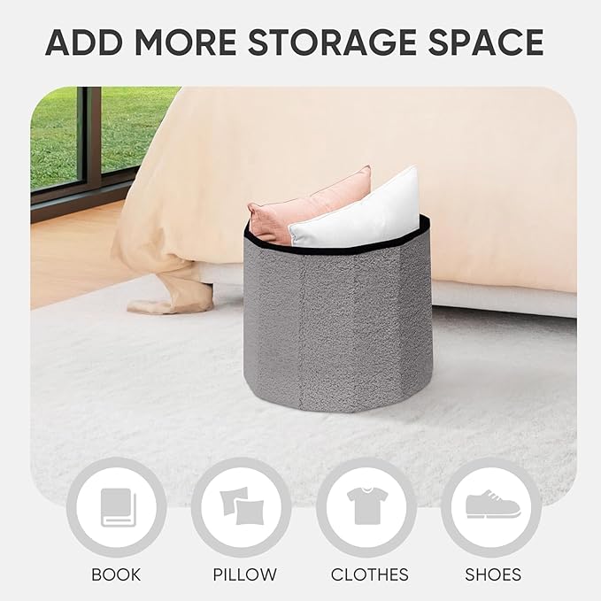 PINPLUS Round Storage Ottoman Cube Footrest - Versatile Boucle & Faux Teddy Fur Stool with Hidden Compartment for Living Room, Dorm, Bedroom - Grey, 15"x15"x13.2"