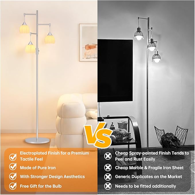 Dimmable Floor Lamp for Living Room, Bedroom, Nickel Standing Lamp with 3pcs 6W Bulbs, Vintage Floor Lamps for Corner, Nursery (White Tulip)