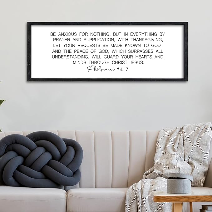 Surfapans Christian Wall Decor Be Anxious for Nothing Sign 32"×12" Philippians 4:6-7 Bible Verse Scripture Positive Quotes Holy Inspirational Religious Jesus Large Wood Framed Hanging Art (Black)