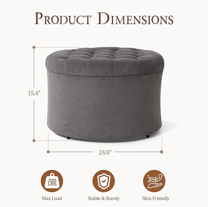 ONBRILL 25" Ottoman with Storage, Round Pouf Ottoman Foot Rest, Small Storage Foot Stool for Couch Bedroom Living Room, Books, Blankets & Kid's Toy Box, Load up to 220 lbs, Grey