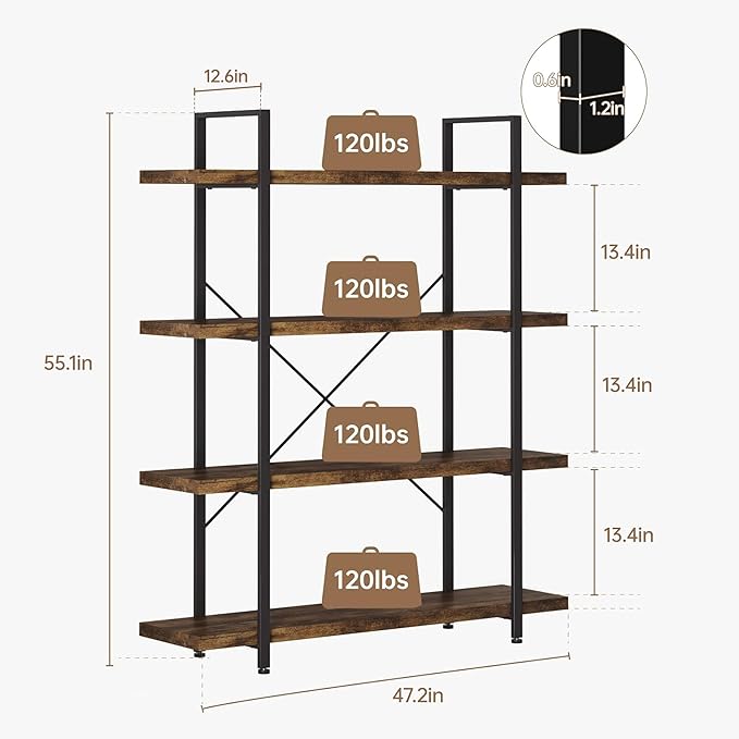 Bookshelf Set, Heavy Duty 4-Tier Industrial Bookcase, 47" Wide Wood Bookshelf for Home Office, 120lbs Shelf Capacity, Rustic Open Display with Horizontal Shelf for Living Room Bedroom